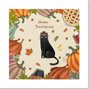 Happy Thanksgiving card in cartoon style with cat for Happy celebration Posters and Art